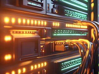 Poster - close-up of illuminated server connections.