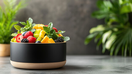 Poster - Fresh fruit bowl with assorted berries, mango, and mint leaves
