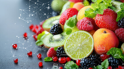 Poster - Fresh fruit display with strawberries, raspberries, blackberries, kiwi, lime, and pomegranate. vibrant colors and textures create visually appealing arrangement, perfect for healthy eating