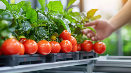 Leinwandbilder - Automated fruit picking system with ripe tomatoes and green leaves