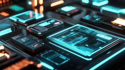 Poster - Close-up view of modern, illuminated electronic interface buttons, showcasing vibrant colors and sleek design, perfect for digital and technology-related themes.