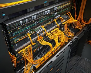 Poster - Complex server room with bright orange cables.
