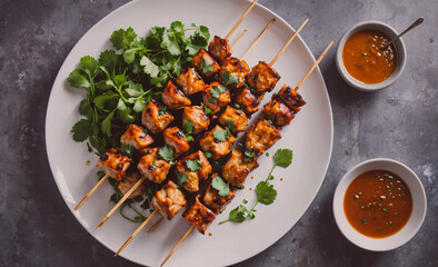 Aufkleber - A plate of meat skewers with a side of green herbs. The plate is set on a table with two bowls of sauce. Scene is inviting and appetizing