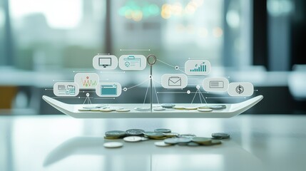 Poster - A digital scale balances financial icons and coins, illustrating the relationship between technology and finance in a modern economy.