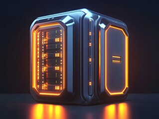 Poster - Futuristic server cube with glowing orange accents. This high-tech design represents advanced computing and data storage. Ideal for showcasing innovation in technology.