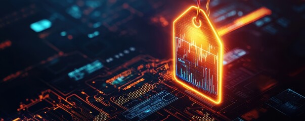 Poster - A glowing price tag overlays a digital circuit board, symbolizing technology, data analytics, and online commerce.