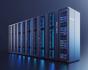 Poster - High-tech server rack with glowing lights.