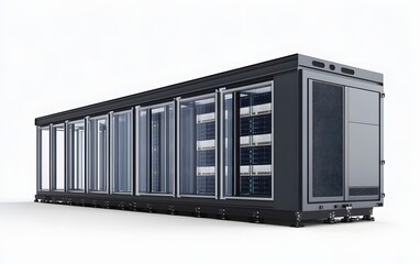 Poster - High-tech server room with multiple racks and advanced cooling systems. Ideal for showcasing modern data center design and infrastructure innovations.