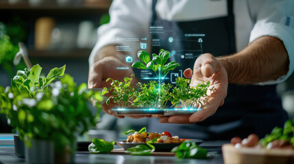 Poster - chef showcasing futuristic dish with digital elements and fresh herbs, emphasizing innovation in culinary arts and sustainable cooking practices