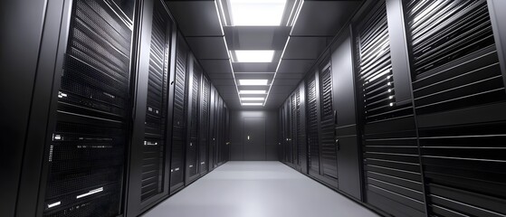 Poster - Modern data center with server racks and lighting.