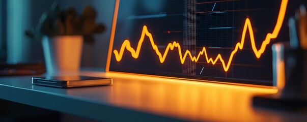 Poster - A sleek monitor displays a glowing orange line graph, surrounded by a desk setup that suggests a focus on data analysis or financial trends.