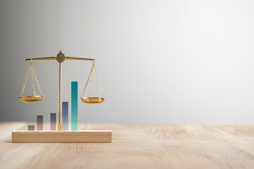 Poster - A balanced scale with colorful bar graphs symbolizes the concepts of justice, measurement, and analysis in a minimalist setting.