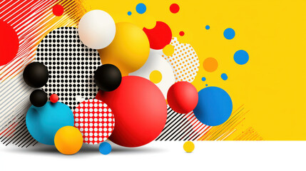 Poster - Bright and colorful abstract design featuring various geometric shapes in red, blue, yellow, and black against vibrant yellow background, creating playful and dynamic composition