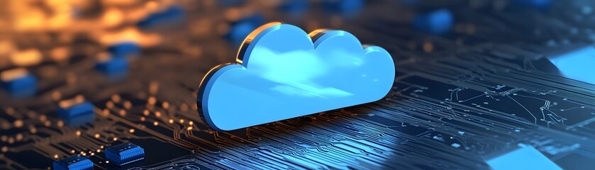Poster - This image showcases a modern cloud computing concept, featuring a stylish blue cloud symbol on a digital circuit background, representing the future of technology and data storage
