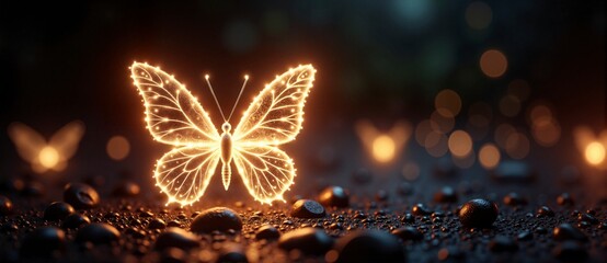 Wall Mural - A butterfly is lit up in the dark with a glowing body and wings