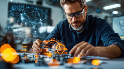 Aufkleber - focused engineer working on 3D model with digital overlays, showcasing innovation and precision in design. atmosphere is filled with creativity and technical expertise