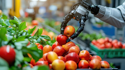 Poster - High resolution image of robotic arm sorting apples in warehouse. automation enhances efficiency in fruit handling and sorting processes