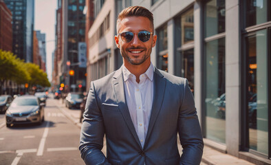 Poster - A man in a suit and sunglasses is smiling and standing on a city street. Concept of confidence and style, as the man is dressed in a business suit and sunglasses. The city street setting adds to the