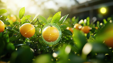Poster - High tech agricultural drone surveying fruit orchard with oranges. vibrant greenery and digital overlay highlight modern farming techniques