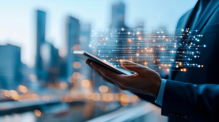 Fototapete - Man is holding a tablet with a screen showing a city skyline