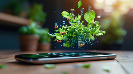 Leinwandbilder - smartphone displaying high tech food delivery app with floating greenery and digital elements, symbolizing innovation in sustainable food sourcing