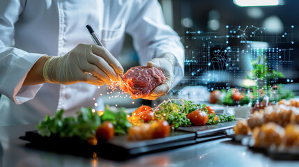 Poster - scientist in high tech food lab is preparing lab grown meat with fresh vegetables, showcasing innovation in food technology. atmosphere is vibrant and futuristic