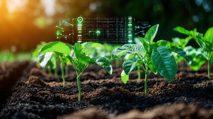 Leinwandbilder - High tech farming with digital monitoring of plant growth in soil. Innovative agriculture using technology for crop management and sustainability