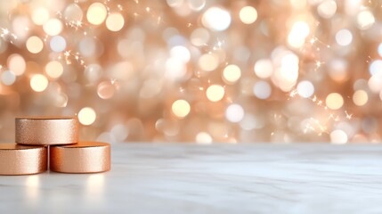 Poster - Gold colored stack of three small round objects on a white marble countertop