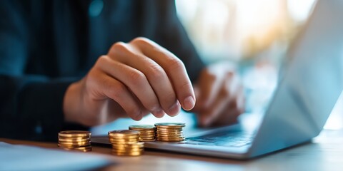 Poster - Person is using a laptop to count coins