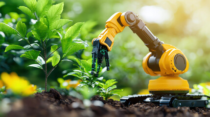 Poster - robotic arm planting in high tech fruit farm, showcasing innovation and automation in agriculture. scene highlights blend of technology and nature