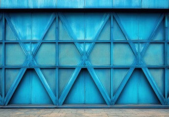 Poster - Vibrant Blue Geometric Wall with Unique Patterns and Textures Ideal for Modern Design Aesthetic and Urban Architecture Photography