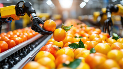 Fototapete - High tech fruit processing line with robots inspecting oranges, showcasing automation in agriculture. scene highlights efficiency and innovation in food production