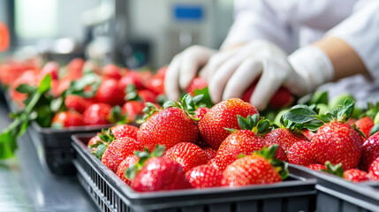 Poster - Fresh strawberries being sorted and packed in high tech facility, showcasing precision of fruit processing. vibrant red color and lush green leaves highlight quality and freshness