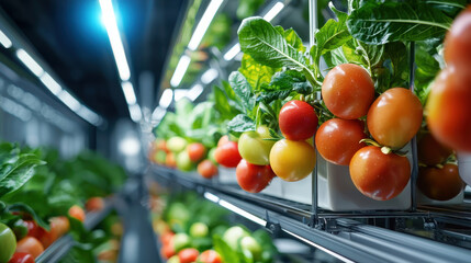 Leinwandbilder - High tech fruit ripening chamber with tomatoes and leafy greens. vibrant colors and modern design create fresh and innovative atmosphere for agriculture