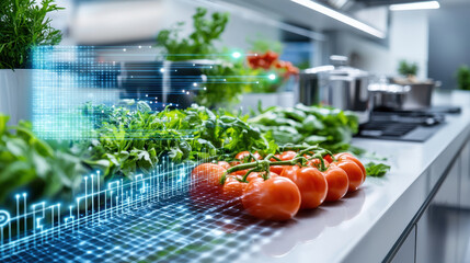 Aufkleber - Fresh tomatoes and greens in high tech kitchen with digital sensors enhancing food preparation. modern design promotes efficiency and innovation in cooking