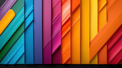 Fototapete - Vibrant flat lay of colorful paper sheets arranged in stripes, showcasing spectrum of hues from blue to orange, creating lively and artistic background