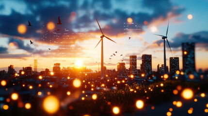 Poster - breathtaking view of wind turbine field at sunset, with city skyline and birds flying. scene captures beauty of renewable energy and urban life harmoniously