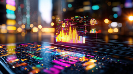 Aufkleber - vibrant futuristic data analysis display with colorful graphs and charts, showcasing advanced technology in cityscape at night