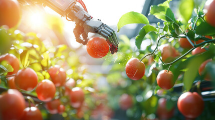 Fototapete - robotic arm harvesting ripe oranges in vibrant orchard, showcasing advanced technology in agriculture. scene captures essence of innovation and efficiency in fruit picking