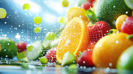Aufkleber - Fresh fruits splashing with vibrant colors, showcasing oranges, strawberries, and limes, enhanced by digital overlay, creating lively and energetic atmosphere