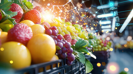 Aufkleber - Fresh fruits in baskets with digital overlay, showcasing smart delivery technology and vibrant colors. perfect blend of nature and innovation