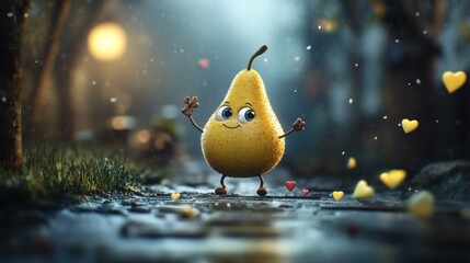 Poster - Cute pear character dancing in a whimsical, rainy forest scene.