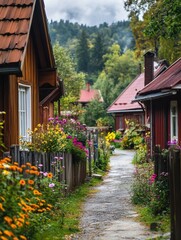 Aufkleber - Quiet rural street with wooden cottages and blooming flowers in a scenic countryside setting. Generative AI