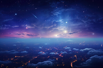 Wall Mural - Futuristic city aerial view at night. Structure of sci-fi metropolis with neon lights from the bird view