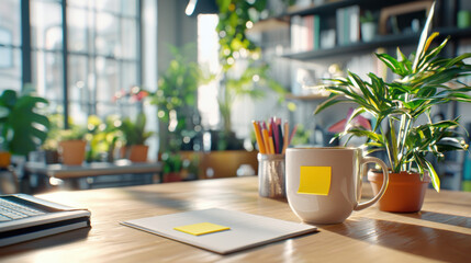 Poster - bright and inviting workspace featuring coffee mug with sticky note, notepad, and lush green plants. sunlight filters through large windows, creating warm atmosphere