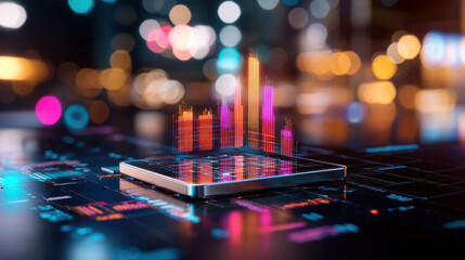 Aufkleber - vibrant 3D technology model displaying colorful data visualizations on smartphone screen, symbolizing innovation and digital analytics