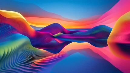 Fototapete - Abstract Colorful Wavy Landscape with Vibrant Reflections and Smooth Lines in a Unique Gradient
