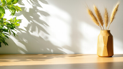 Leinwandbilder - serene interior scene featuring wooden vase with dried wheat and lush green leaves casting soft shadows on light wooden surface