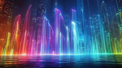 Poster - Vibrant futuristic cityscape with neon lights reflecting on a water surface at night