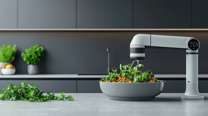 Aufkleber - modern kitchen scene featuring robotic arm preparing fresh salad with greens and vegetables. sleek design adds futuristic touch to culinary tasks